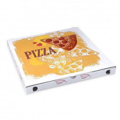 Krabica na pizzu (mikrovlnitá lepenka) C4 biela s potlačou 34,5 x 34,5 x 3 cm [100 ks]