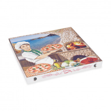 Krabica na pizzu (mikrovlnitá lepenka) G4 biela s potlačou 40 x 40 x 4 cm [100 ks]
