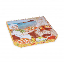 Krabica na pizzu (mikrovlnitá lepenka) E6 biela s potlačou 33 x 33 x 3 cm [100 ks]