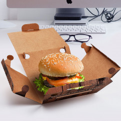 Burger box(mikrovlnitá lepenka) kraft s potlačou 150 x 150 x 95 mm [100 ks]